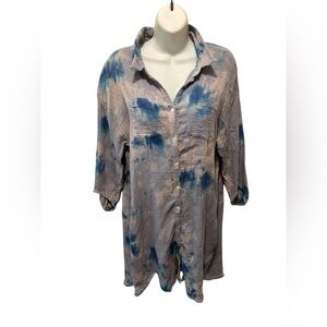 Kyla Seo Crinkle Cotton Tunic Dress Sz M Button Down Blue Tie Dye Pockets Artsy